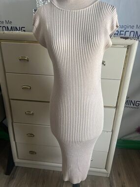 Cream Rose Ribbed Knit Midi Dress in Cream